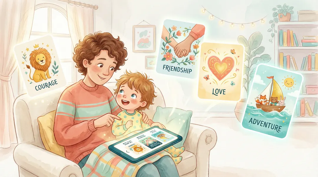 A parent and child sitting on a cozy sofa, browsing colorful storybook themes on a tablet with floating story cards around them