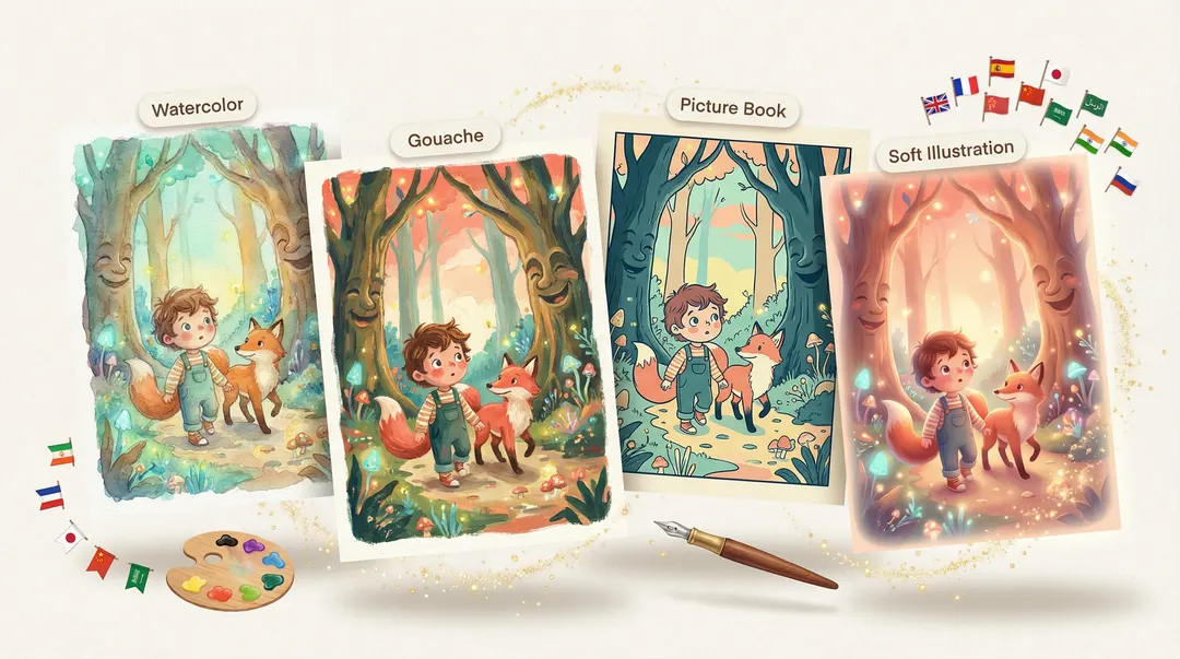 Four floating storybook panels showing the same forest scene rendered in Watercolor, Gouache, Picture Book, and Soft Illustration styles