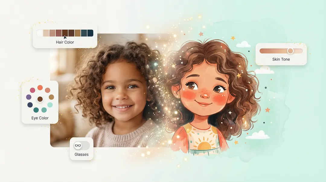 A child’s photo transforming into a storybook illustration with golden sparkles, surrounded by floating customization controls for hair color, eye color, glasses, and skin tone