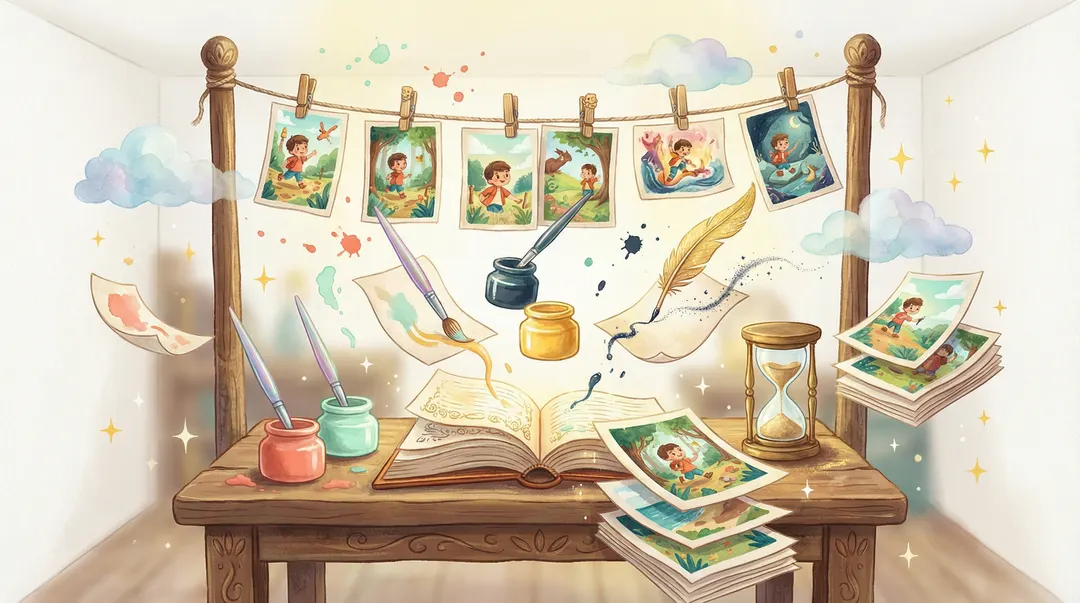A whimsical workshop with floating paintbrushes painting illustrations, a quill pen writing text, and finished storybook pages hanging on a clothesline to dry
