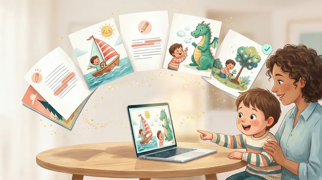 A parent reviewing their child’s finished storybook with editing controls floating around the pages, showing text changes and illustration adjustments