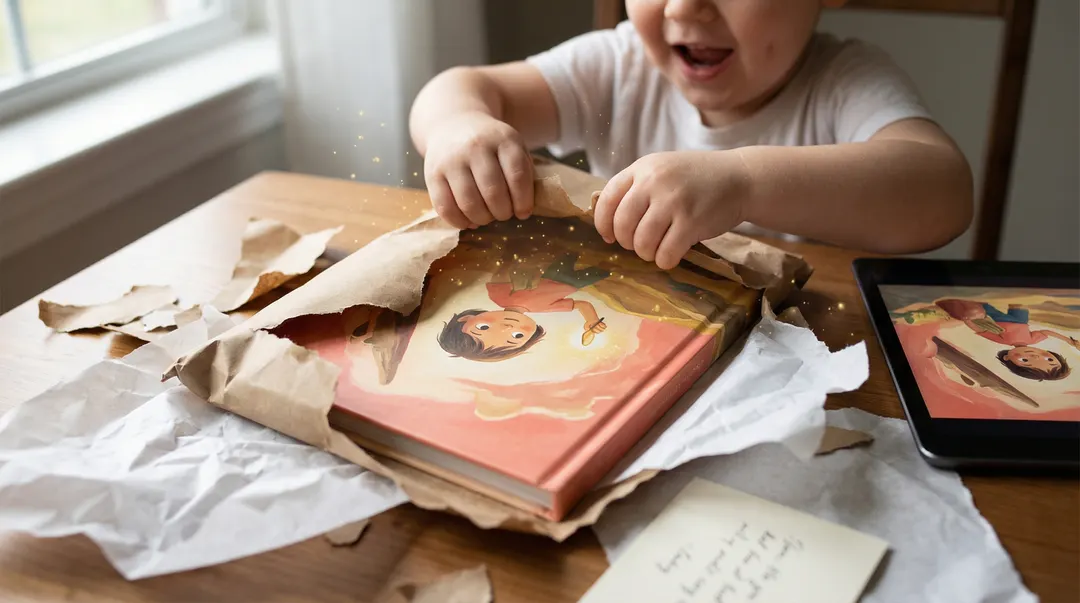 A child excitedly unwrapping a package to reveal their personalized hardcover storybook, with the digital eBook already showing on a tablet nearby