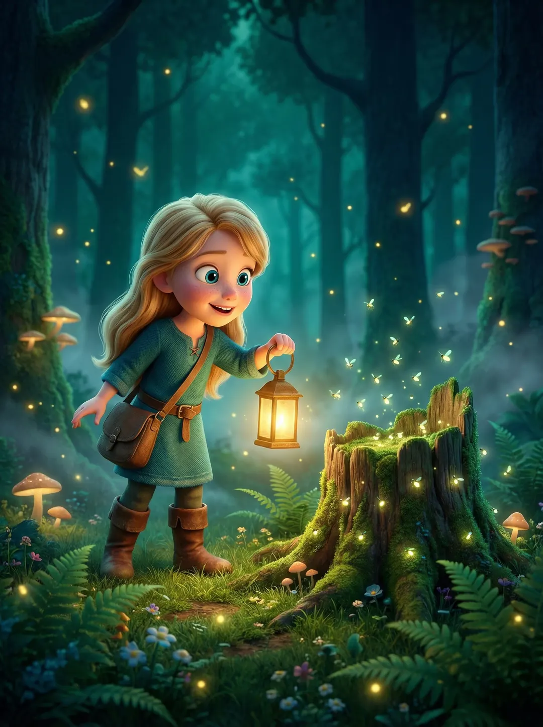 A young girl exploring an enchanted forest with a glowing lantern — Pixar-style storybook illustration